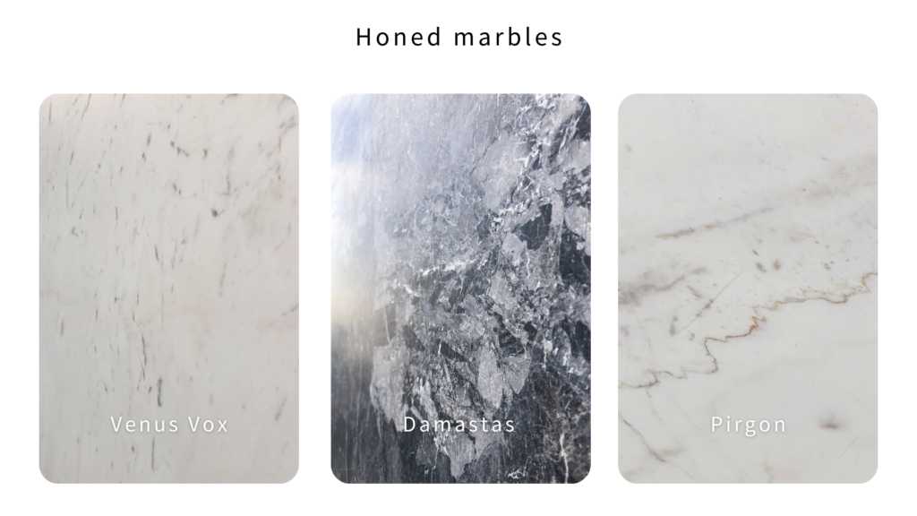 3 different marbles with honed matte satin surface finishes
