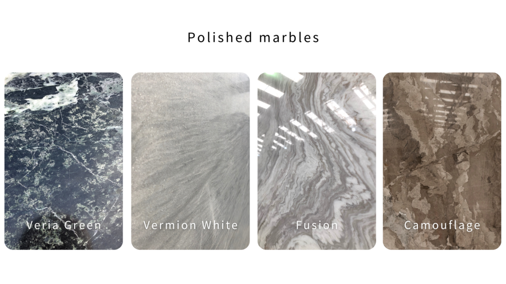 4 different marbles with polished surface finishes