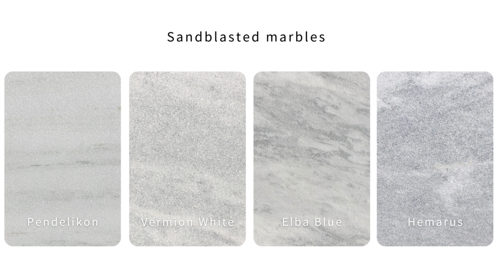 4 different marbles with sandblasted surface finishes