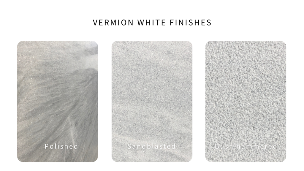 The Vermion white Greek marble with 3 different surface finishes, polished, sandblasted and bush hammered