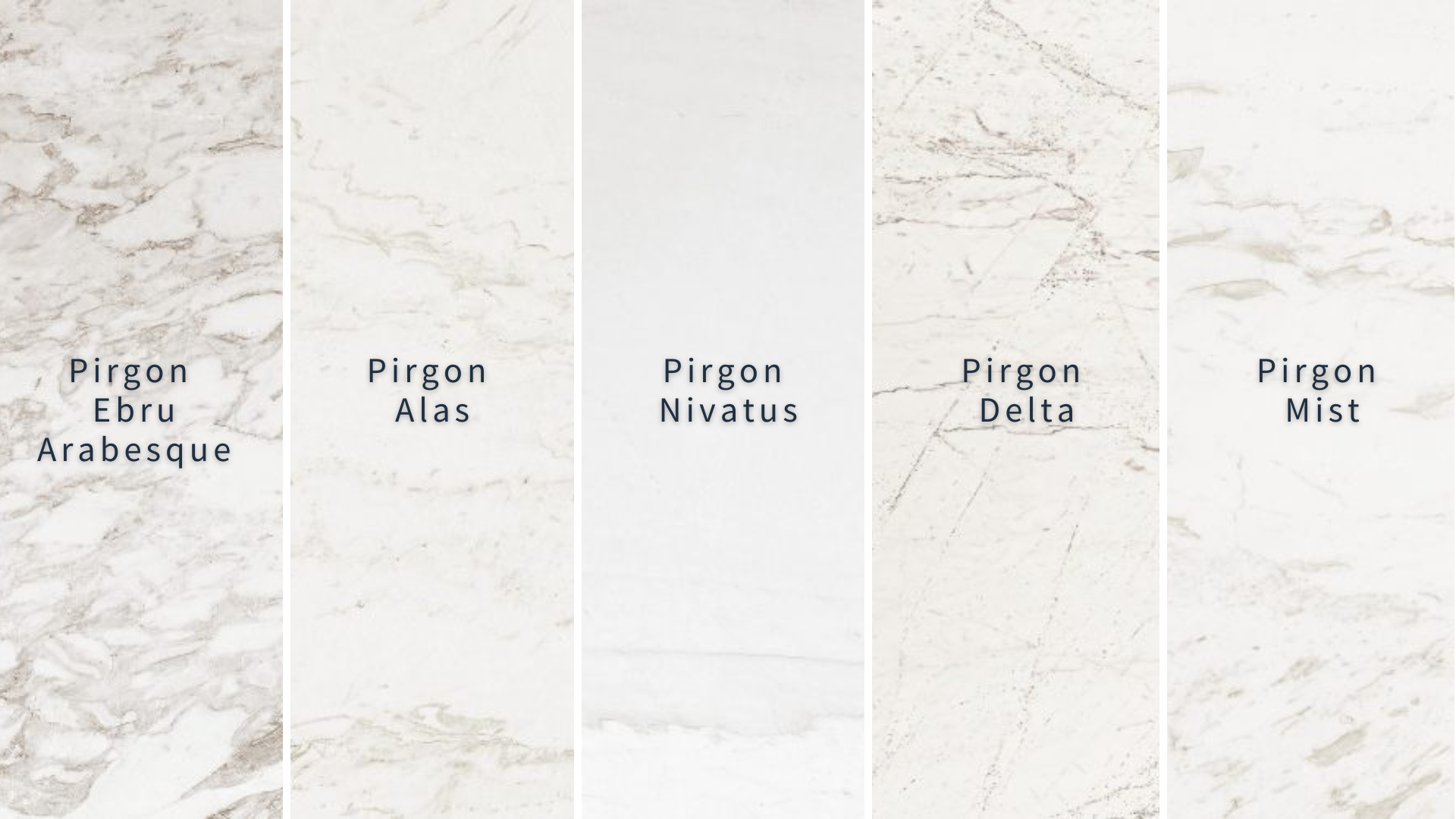 Image of samples of 5 white marble slabs with veins – Pirgon, Ebru Arabesque, Alas, Nivatus, Delta, Mist