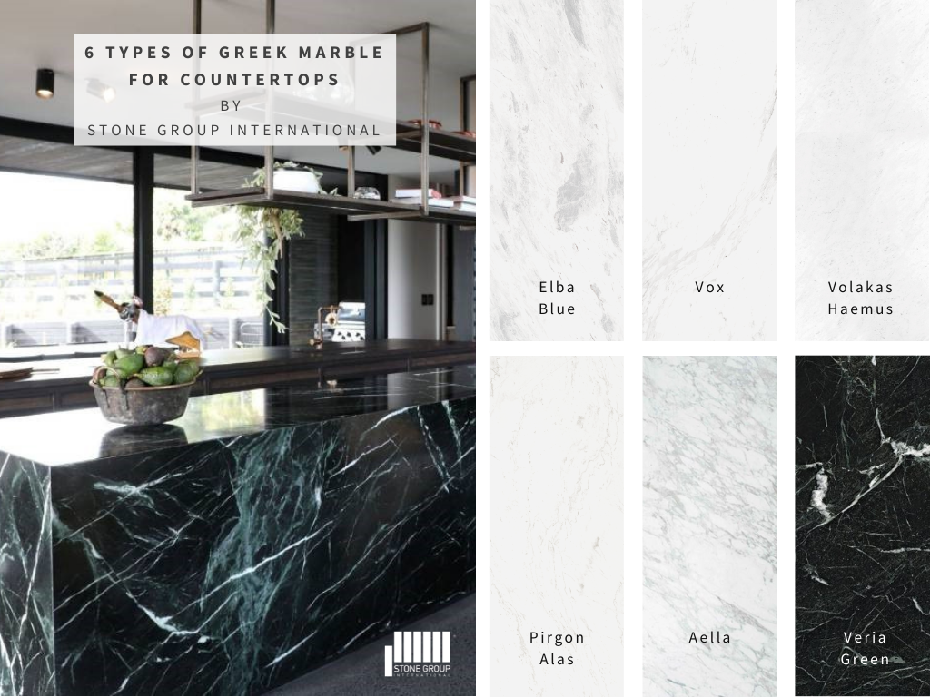 Infographic with the title “The best 6 Greek marble types for kitchen countertops”