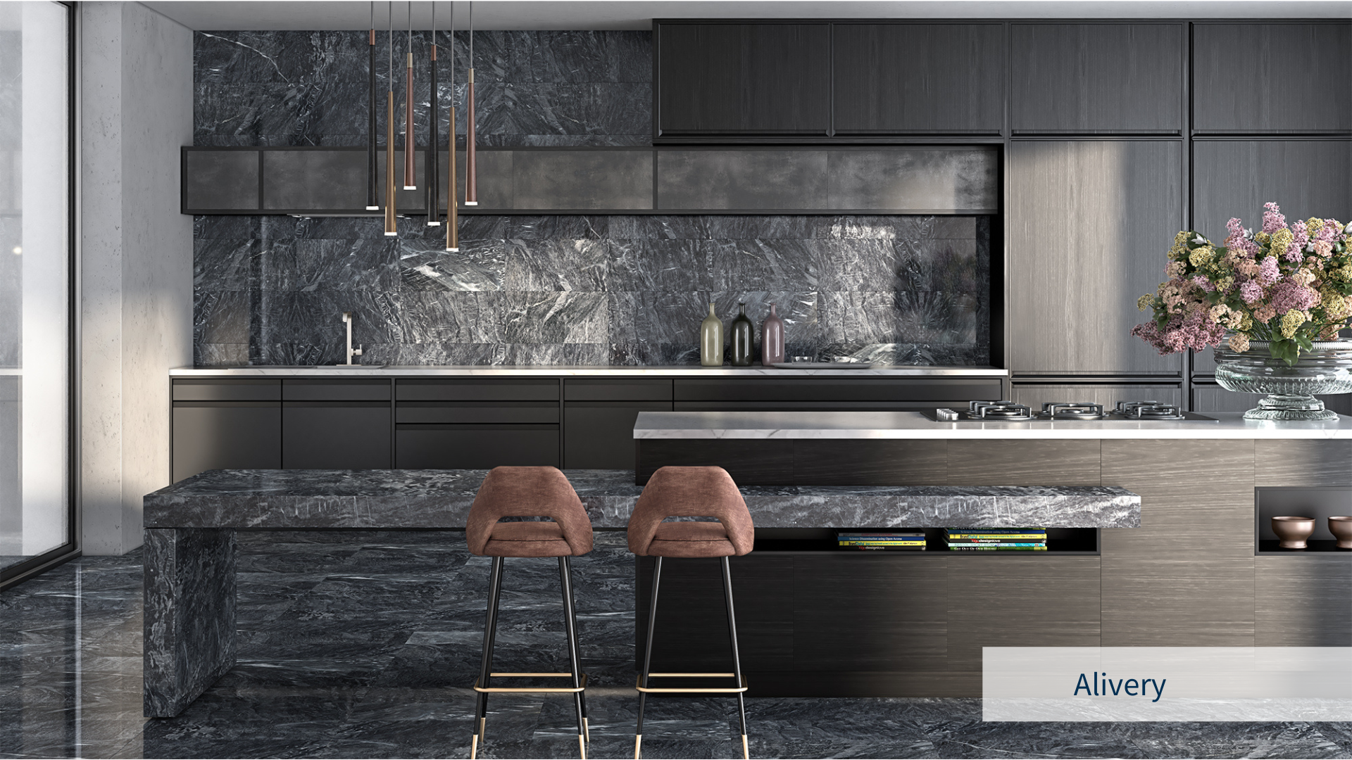 Image of an elegant and luxury kitchen space with Alivery dark gray marble tiles applied on large surfaces, wall-cladding, kitchen counter and island