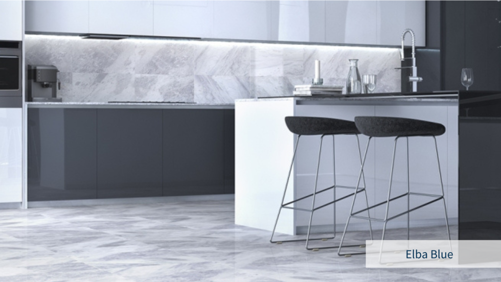 Image of a kitchen area in shades of grey with Elba Blue grey marble on a kitchen’s backsplash and floor