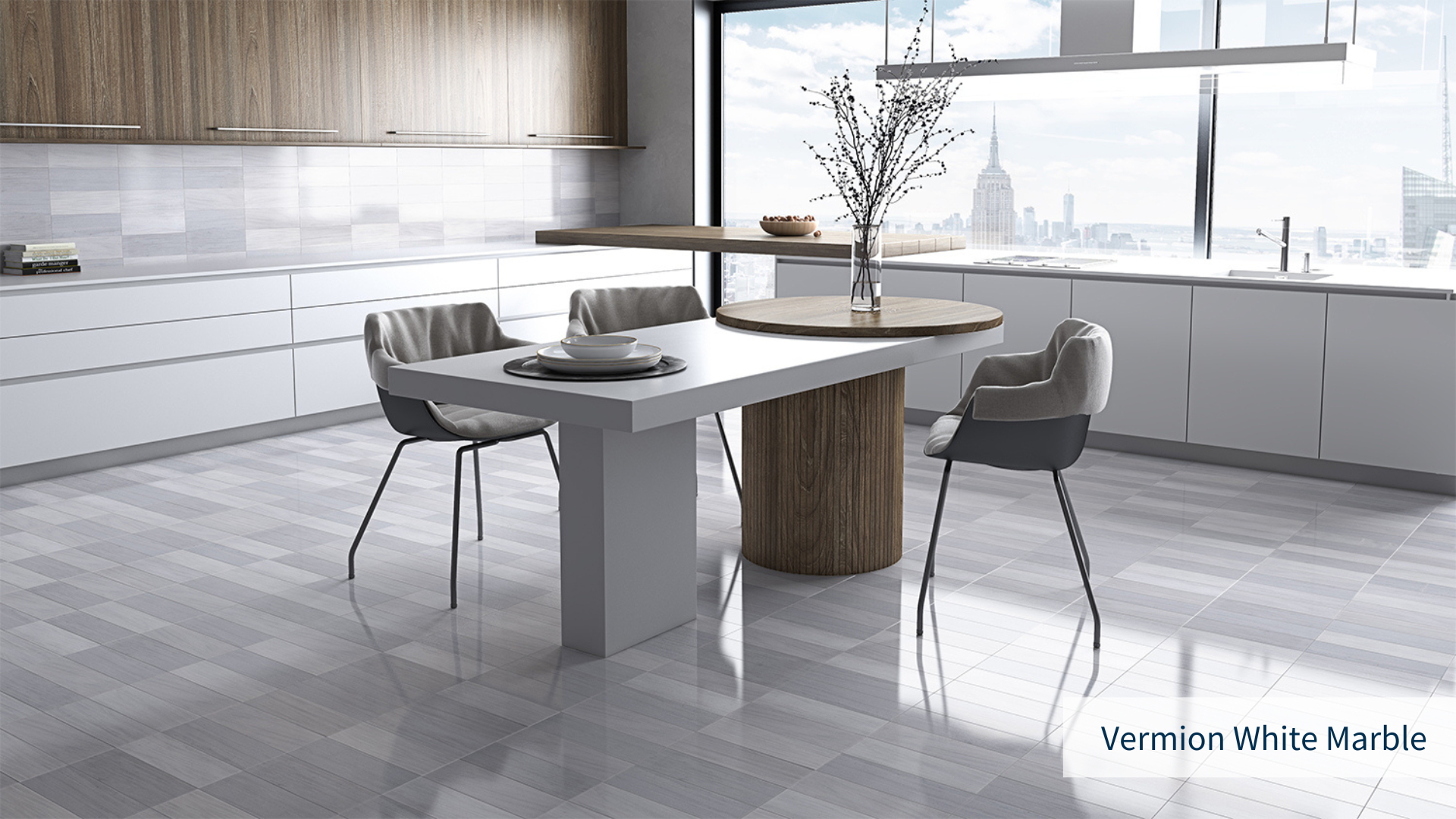 Rectangle Vermion White Greek marble tiles installed in a minimal kitchen floor