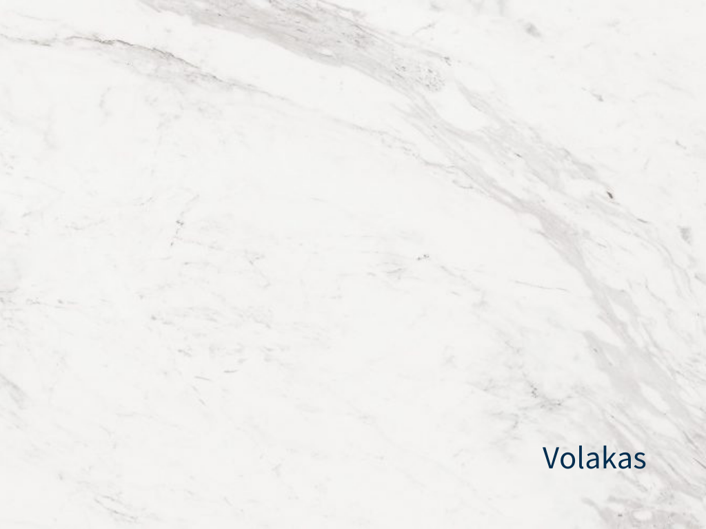 Image of Volakas white marble slab with grey and brown diagonal veins