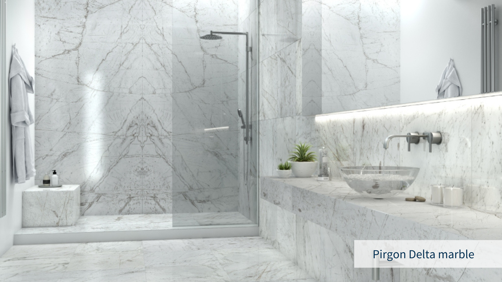 Luxurious total white bathroom and shower with slabs and tiles of Greek white Pirgon Delta marble