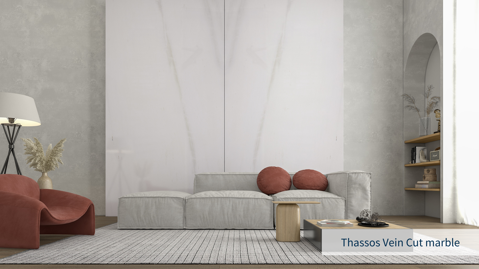 Luxury living room space with large bookmatch slabs of the Greek white Thassos marble, with veins, in wall cladding