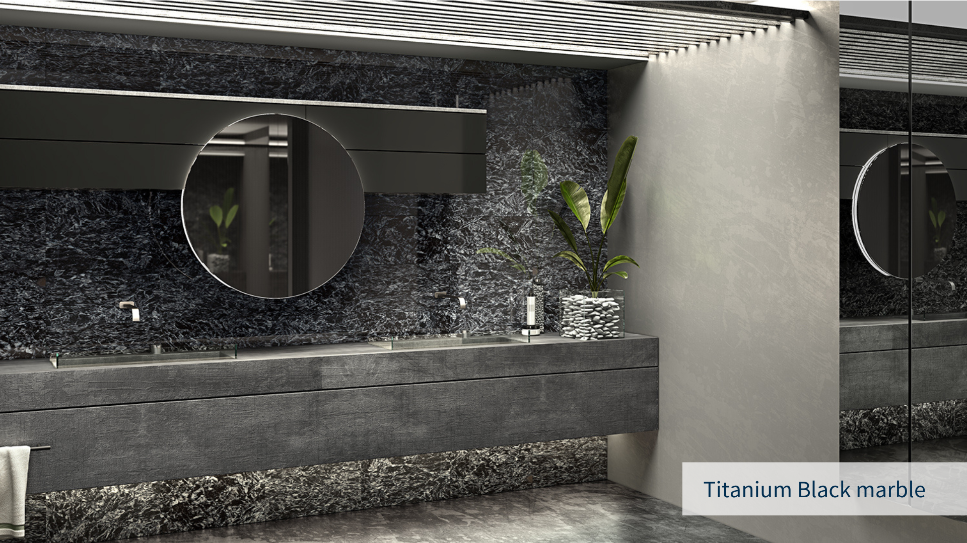 Πολυτελές μπάνιο με πλάκες και πλακίδια του μαύρου ελληνικού μαρμάρου Titanium Black σε δάπεδο και πλάτη τοίχου