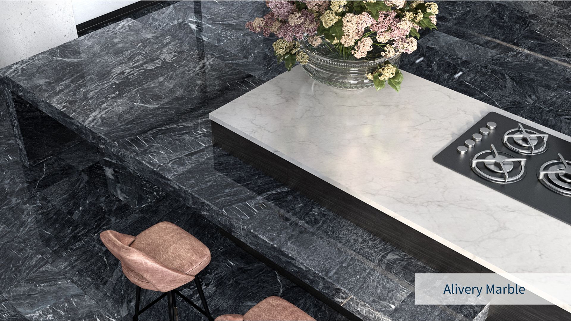 Close-up image from above of a kitchen island and countertop with dark grey marble Aliveri with white and gray veins