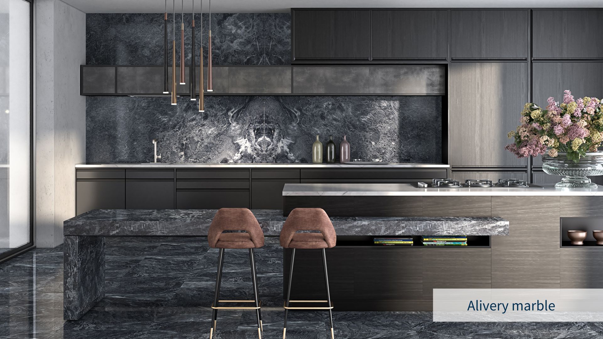 Minimal luxury kitchen room with the dark grey marble installed on countertop, island, backsplash and floor