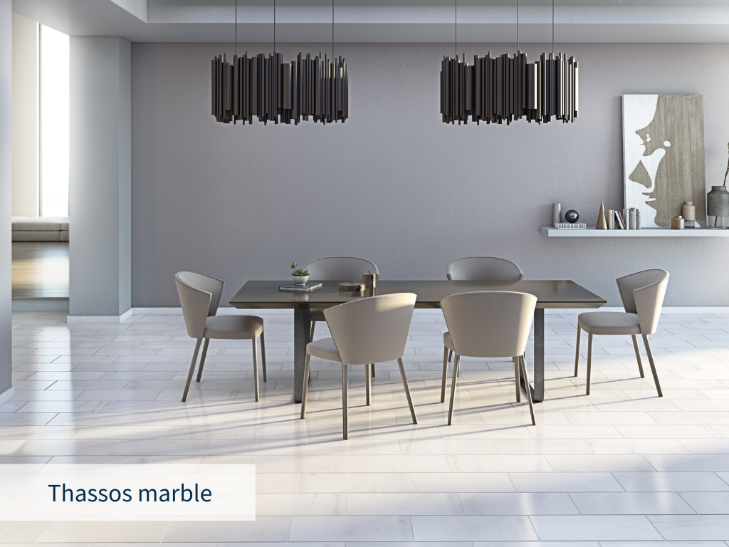 Rendering image of a dining room, with Thassos white marble quarried from Greece
