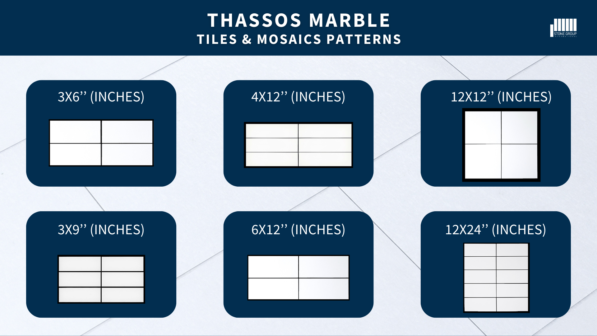 Infographic with six dimensions of Thassos white marble tiles from Stone Group International. Types & Dimensions Of Thassos White Marble Tiles.