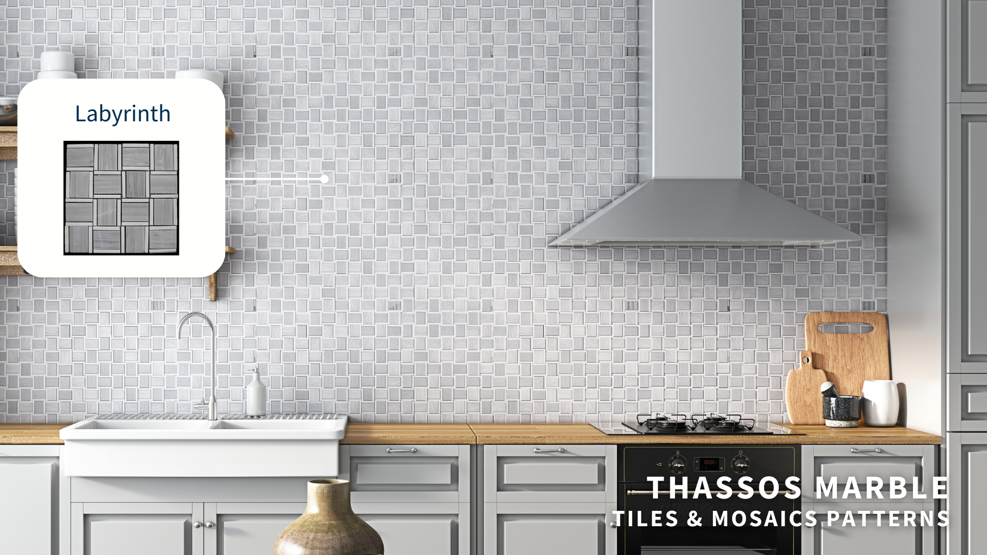 Backsplash in modern kitchen, with complex labyrinth mosaic pattern of Thassos marble and wooden elements