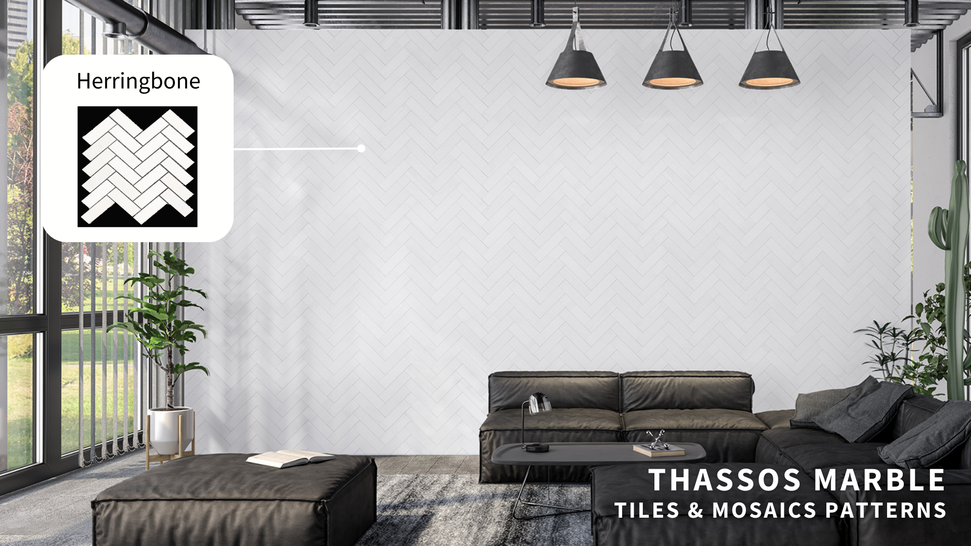 Living room rendering with wall-cladding with white marble herringbone mosaic. Types & Dimensions Of Thassos White Marble Tiles.