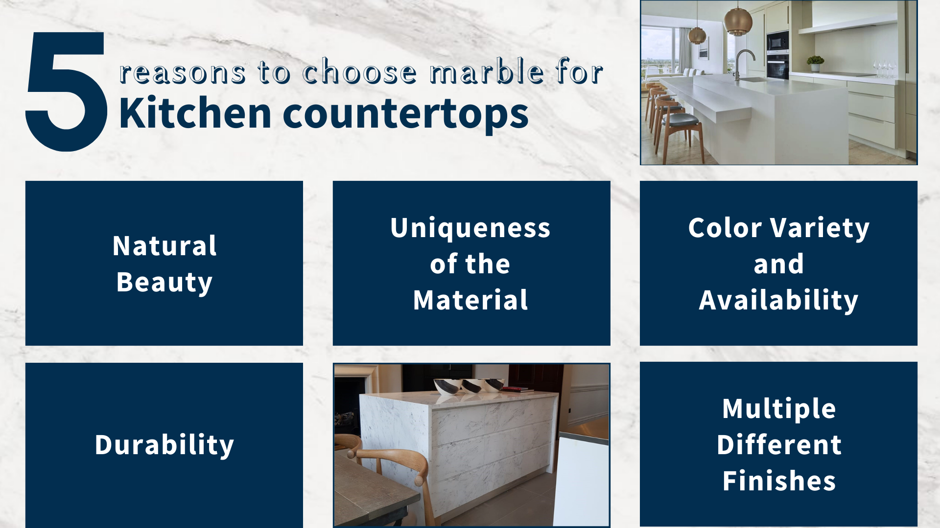 Infographic with the 5 main reasons to choose marble for your kitchen countertop