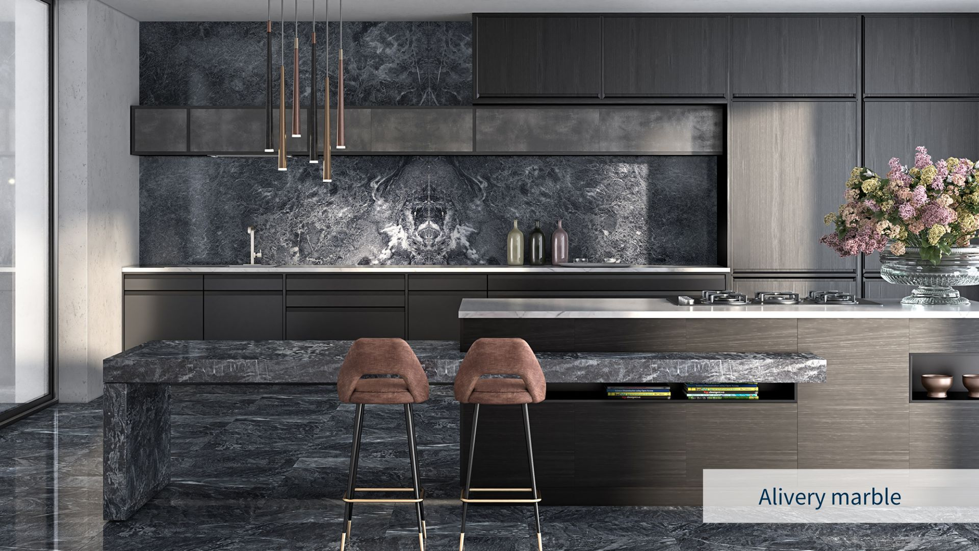 Elegant kitchen rendering with dark marble on the wall, countertop, and floor tiles, combined with neutral tones of furniture for a dark aesthetic