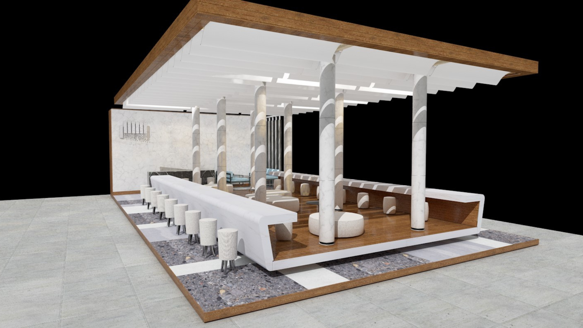 Mockup of hall 6 stand D2 at Marmomac Verona fiere, with natural materials such as wood and marble and design concept dedicated to synergy of humans and nature.Stone Group International At Marmomac.
