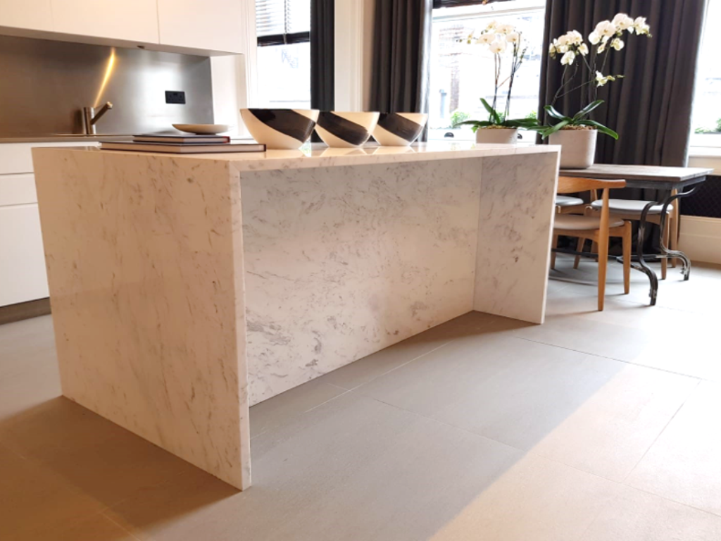 Image of marble kitchen countertop in a minimal room with white marble