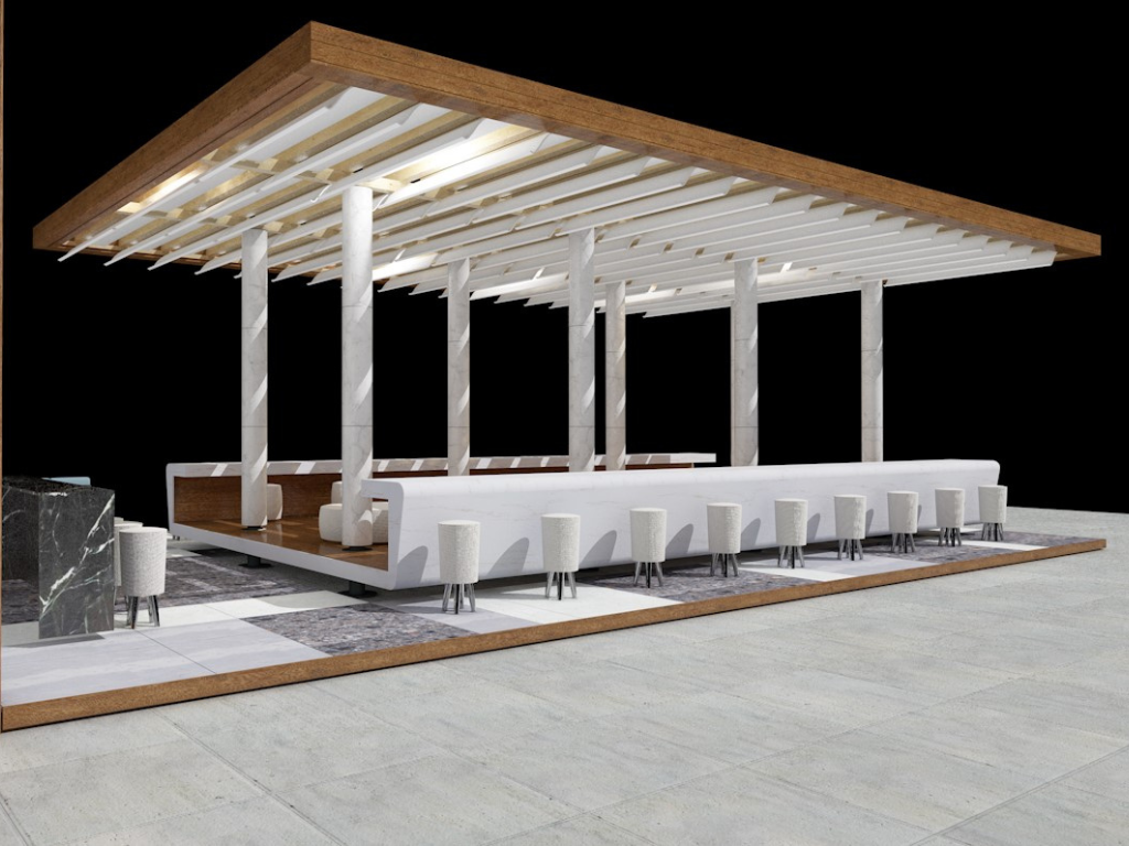 Image of Hall 6 Stand 2 with the design concept of a Greek Terrace. Stone Group International At Marmomac