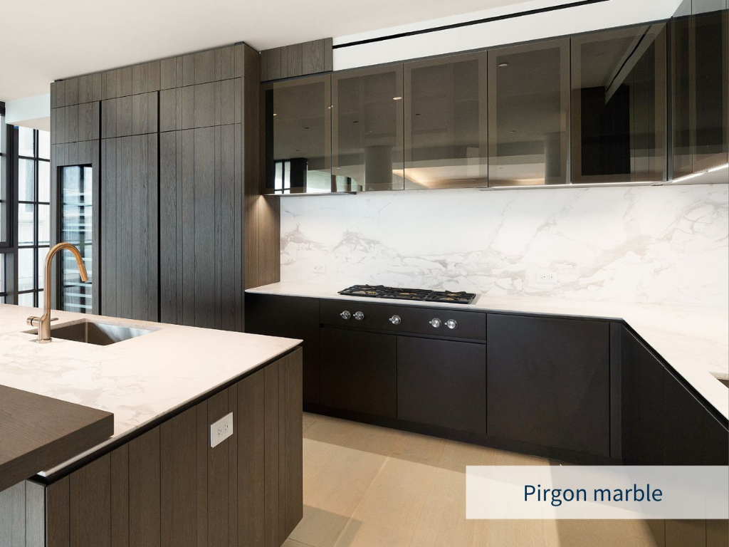 Rendering image of a modern kitchen with white pirgon marble natural stone in the countertops and walls, with dark brown cabinets