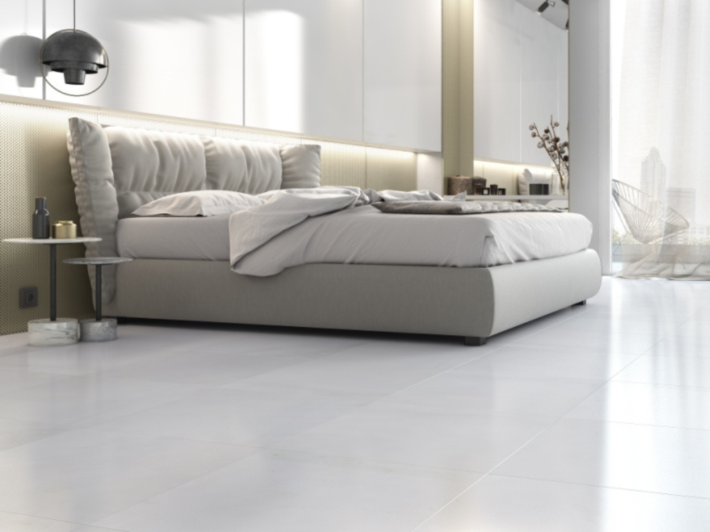 Bedroom rendering with Thassos Snow White marble in the flooring, minimal decoration, neutral colors in the bed and furniture