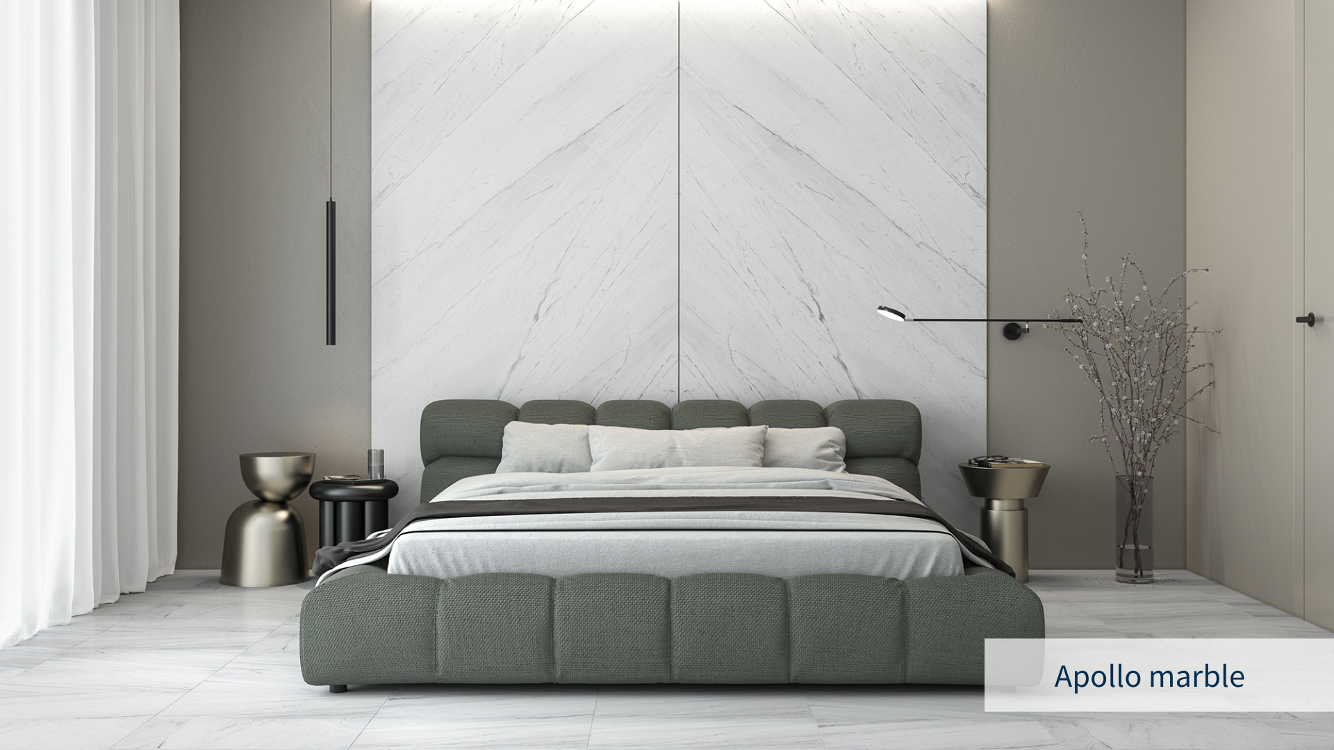 Bedroom image by Stone Group International with white marble flooring and book-match, silver elements, neutral decoration