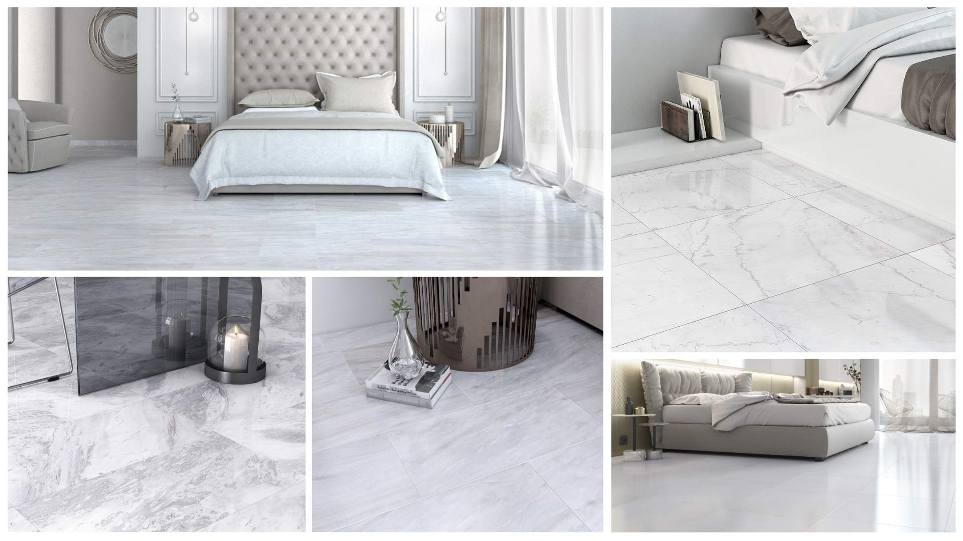 Collage image of 5 renderings with white marble flooring applied in bedrooms