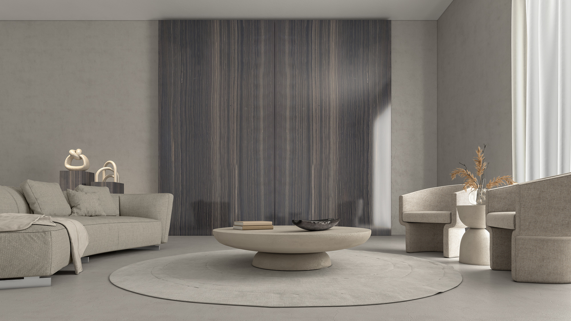 Living room rendering with dark marble stone bookmatched vertically in a modern room, with neutral hues