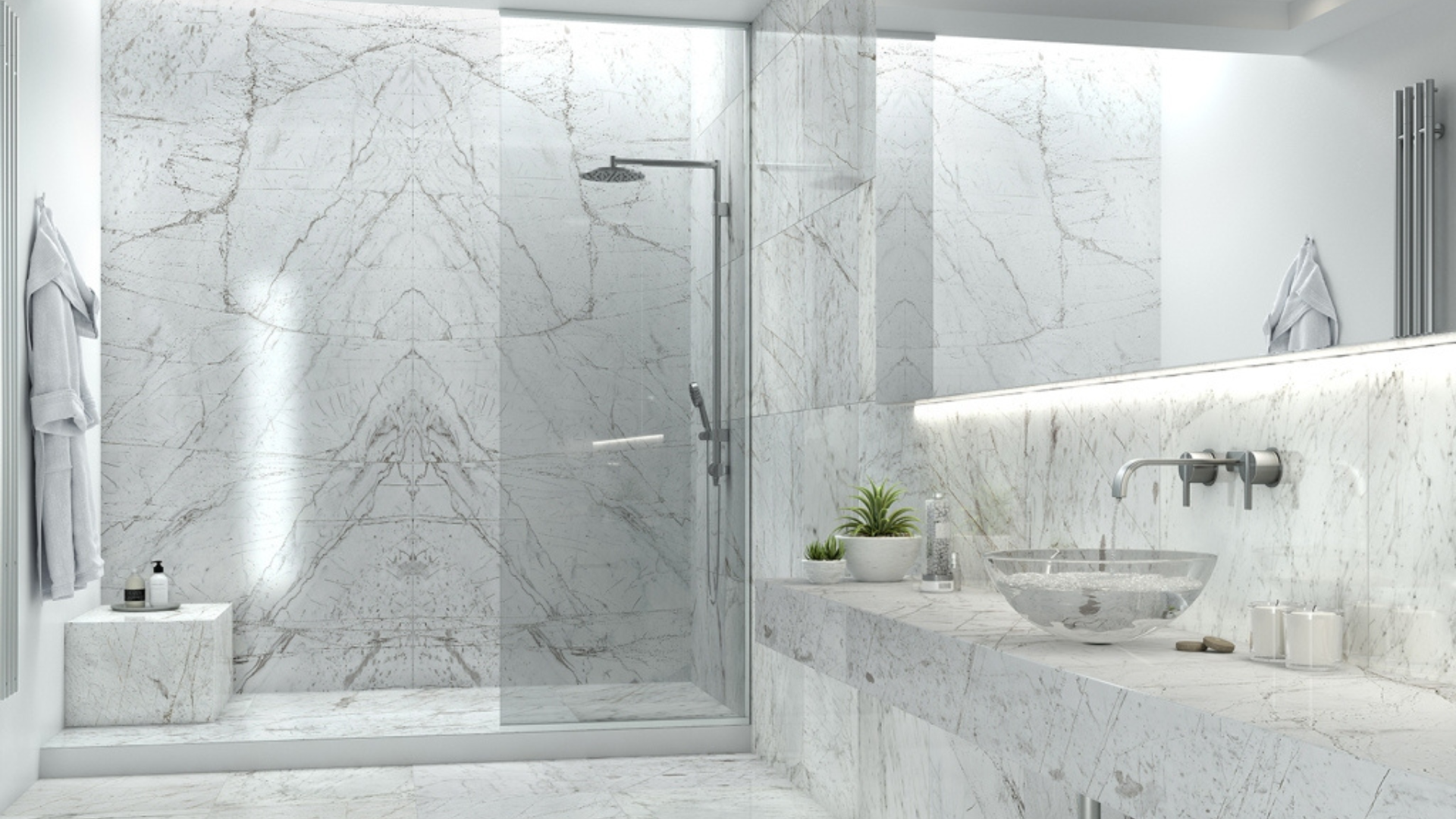 Rendering of a bathroom, sleek interior design, with white marble on the countertops, sink, shower, walls and flooring for a clean aesthetic