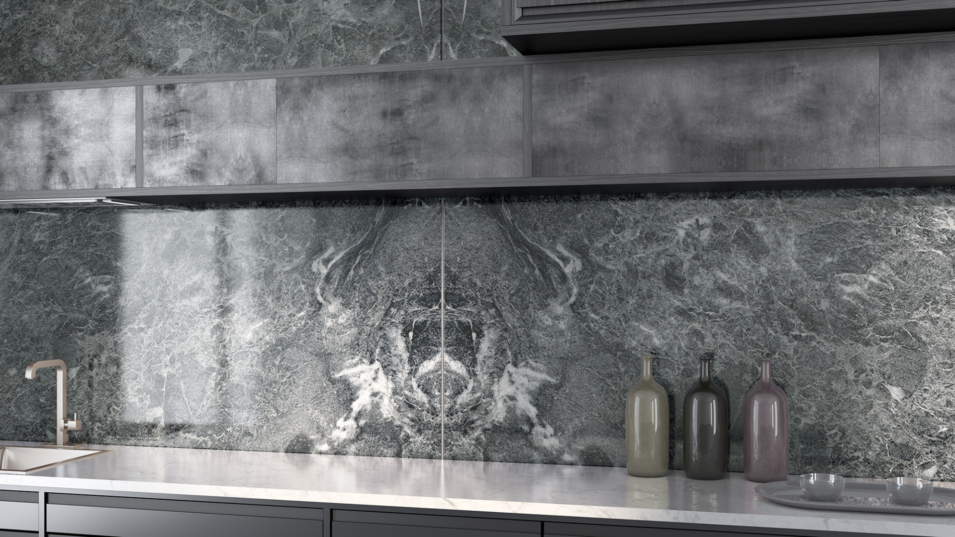 Kitchen backsplash with grey marble slabs with white distinct veins for a unique look in your kitchen