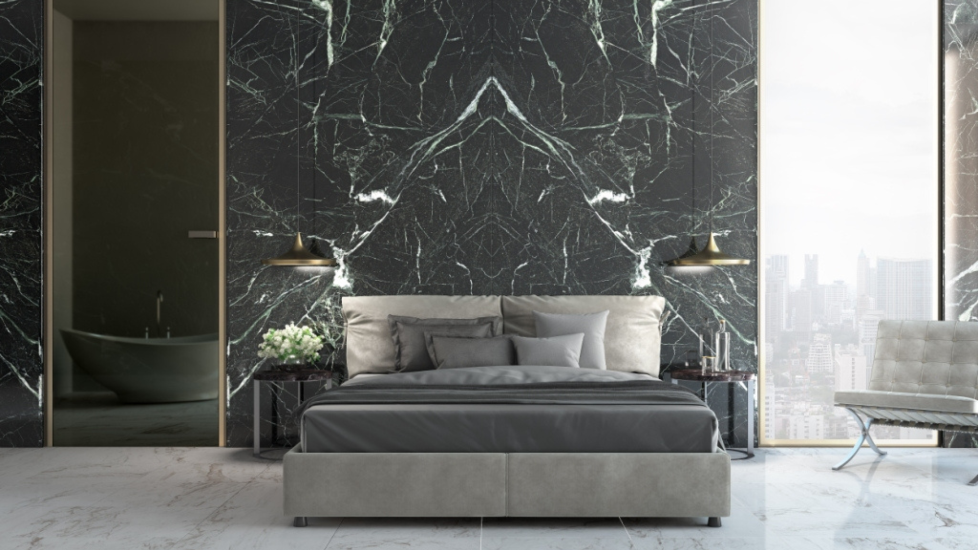 Rendering of bedroom with veria green marble in the wall with the bookmatch process, dark green hues with white veins, with a bed and fabrics in shades of grey