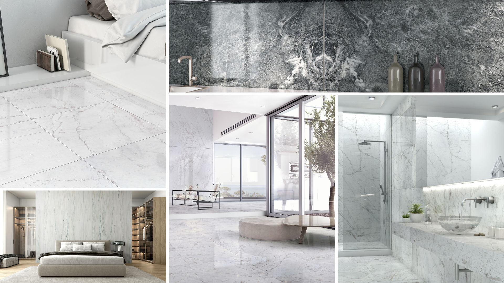 Collage with renderings by Stone Group International, different interior spaces with vein matching marble tiles or slabs