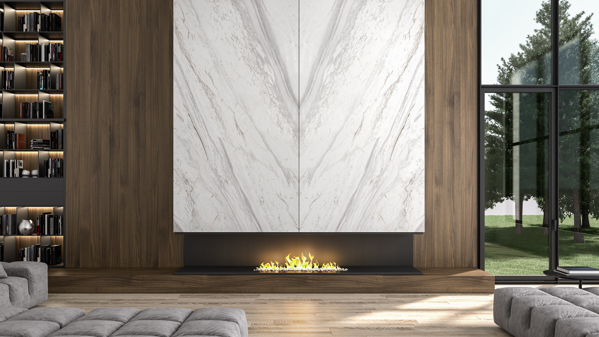 Cozy living room rendering with white marble with light grey veins, in wall cladding with the book matching method, minimal design