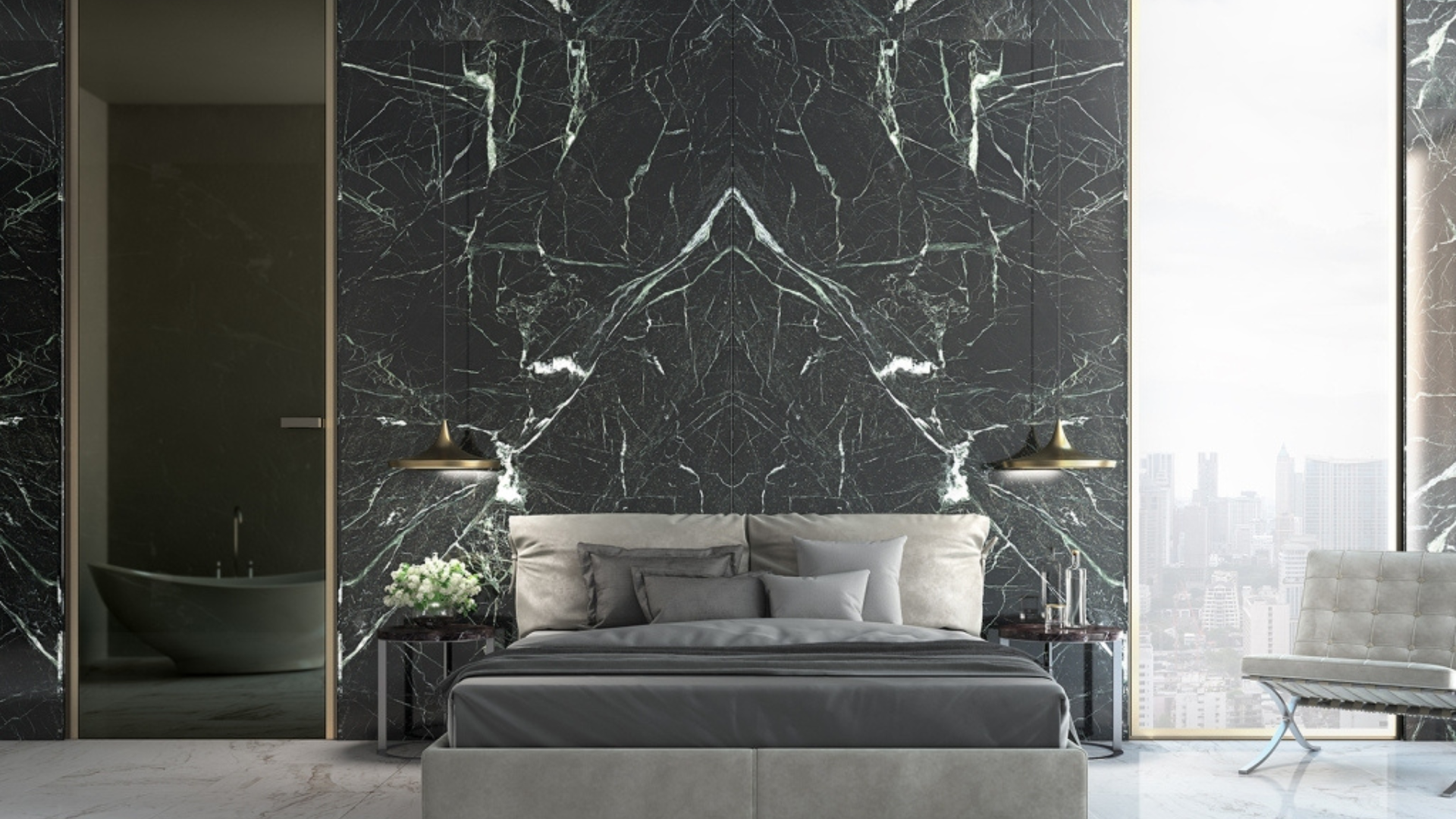 Luxurious bedroom rendering with veria green wall cladding, with the book match vein matching method, a unique interior design