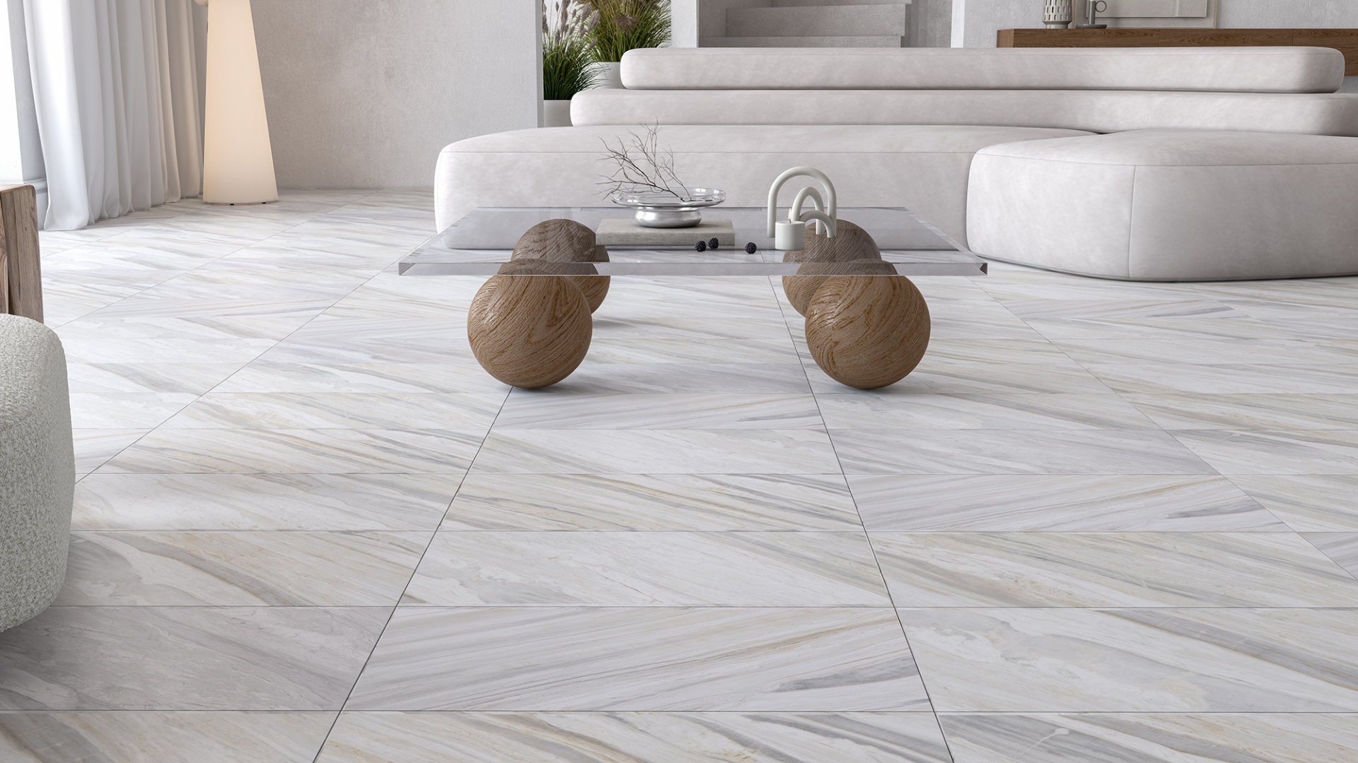 Rendering of a living room flooring, with white marble and light beige and grey veins, a perfect example of natural stone vein matching